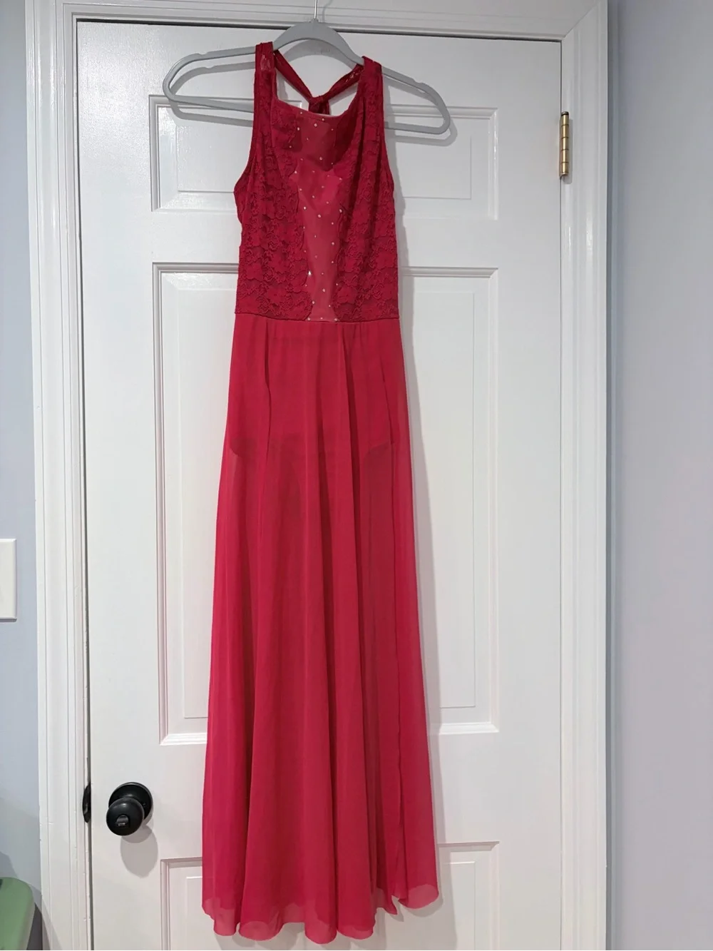 Weissman Lace Plunge Maxi Dance Dress – Red – Adult Medium MA – Style 17727